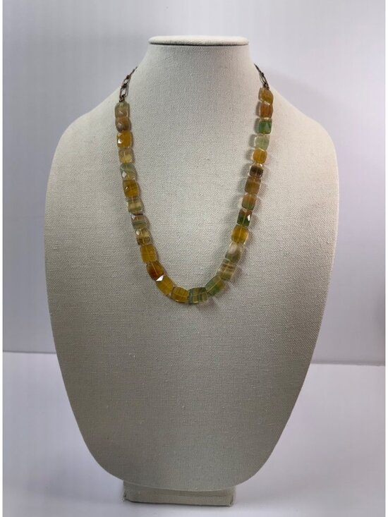 Jewelry - Faceted Fluorite Beaded Necklace Hand Knotted 925 Silver Chain Toggle 24” Artisa